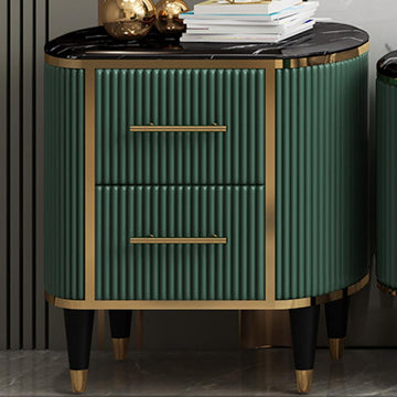 Oval Green 2 Drawers Nightstand Black Marble Top Bedside Table
